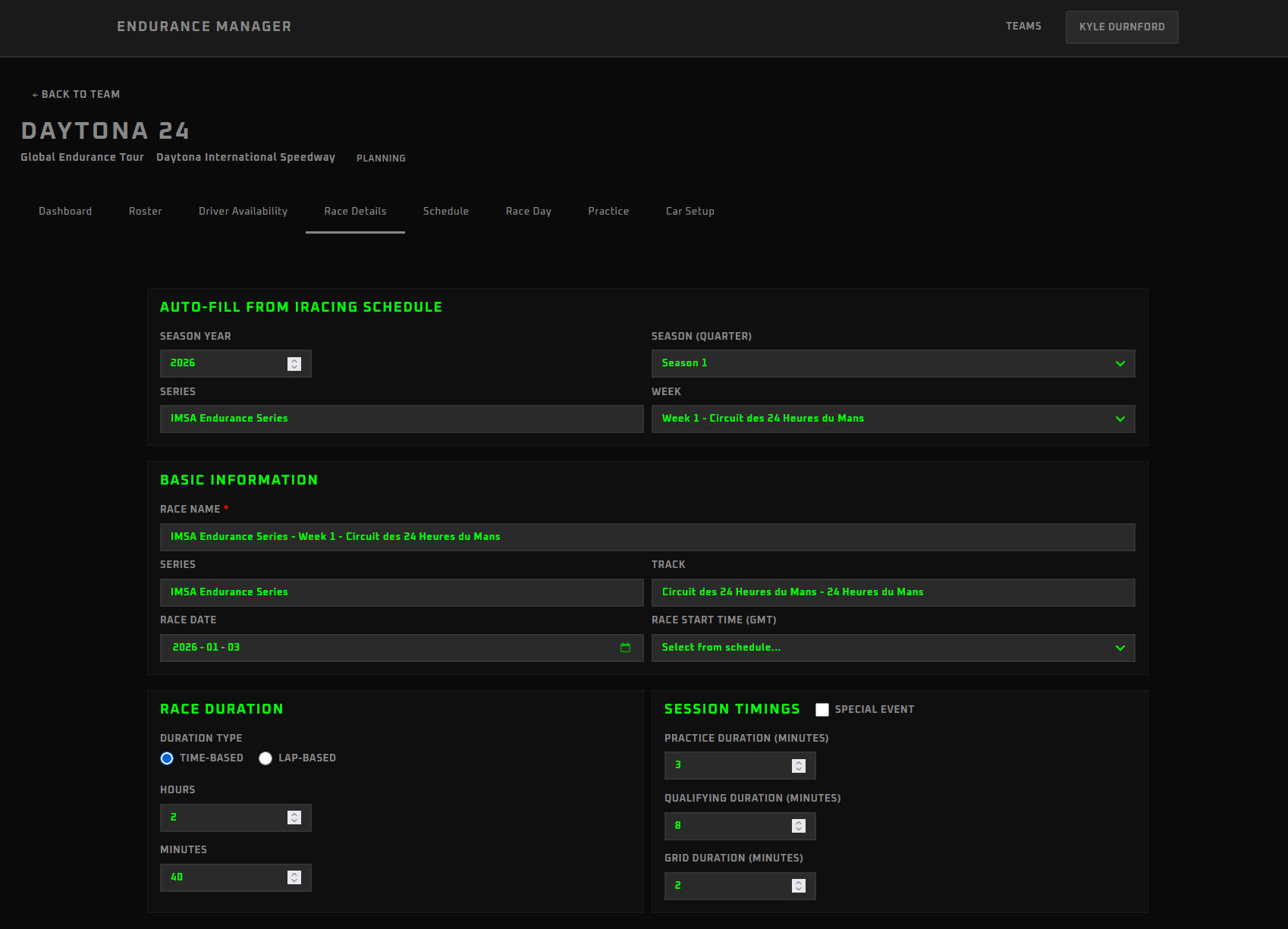 iRacing Endurance Manager - Setup management interface showing car setup library and performance data
