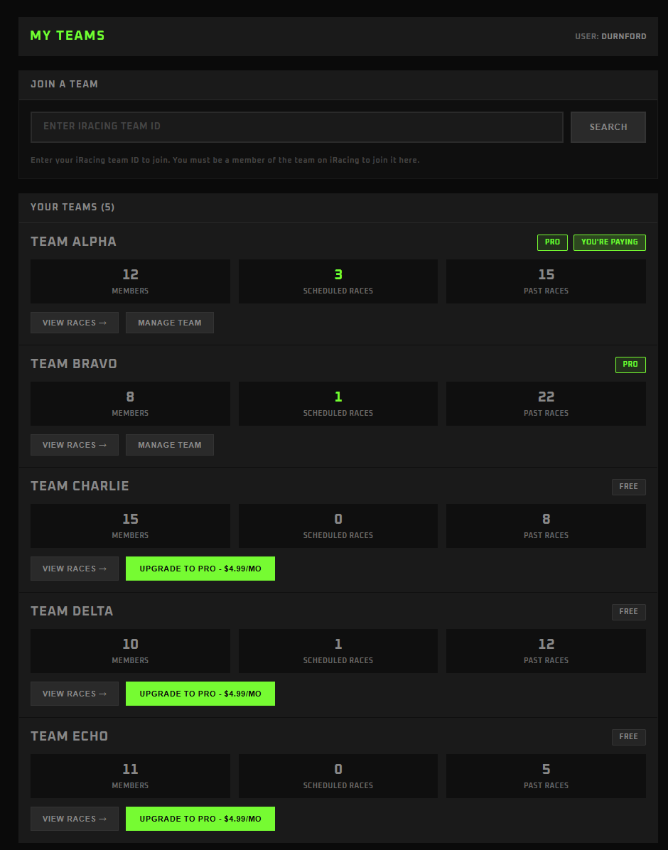 iRacing Endurance Manager - Team management interface showing subscription tiers and team roster